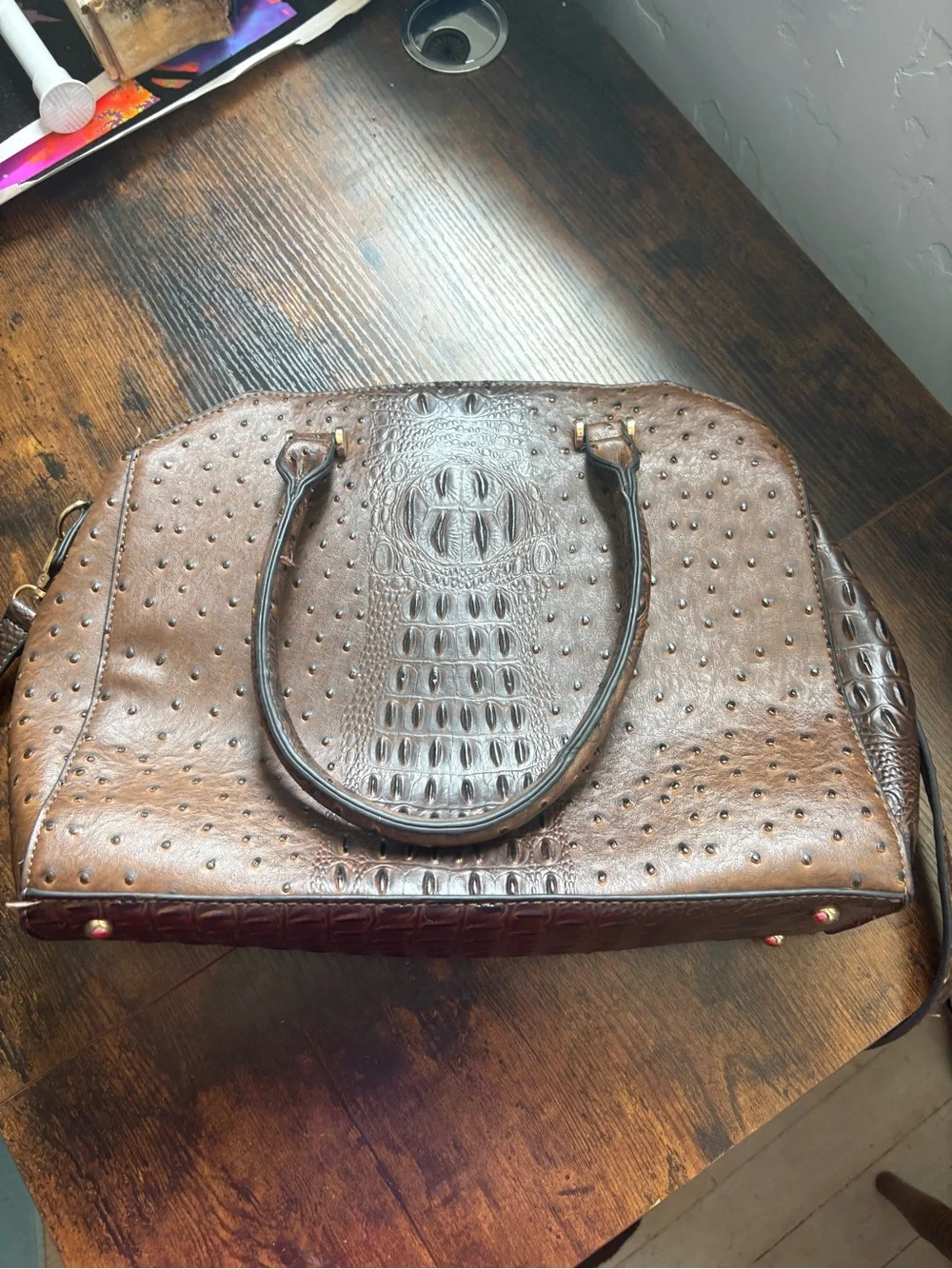 Brown Croc-Embossed Dome Satchel Bag